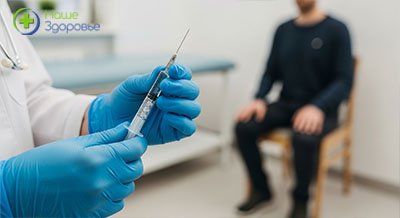 Медсестра держит шприц в руке